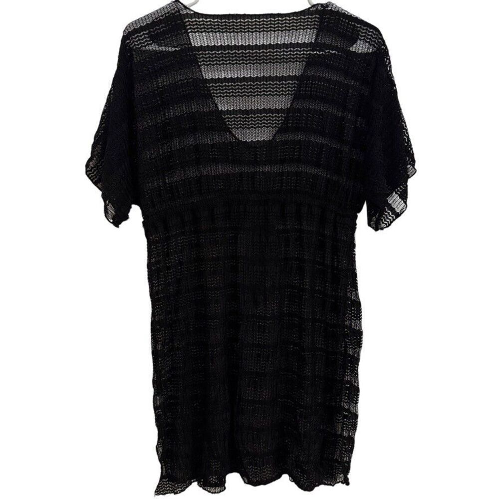 Women’s MEDIUM Black Sheer Crochet Eyelet Swim Cover Up Short Sleeve Drawstring